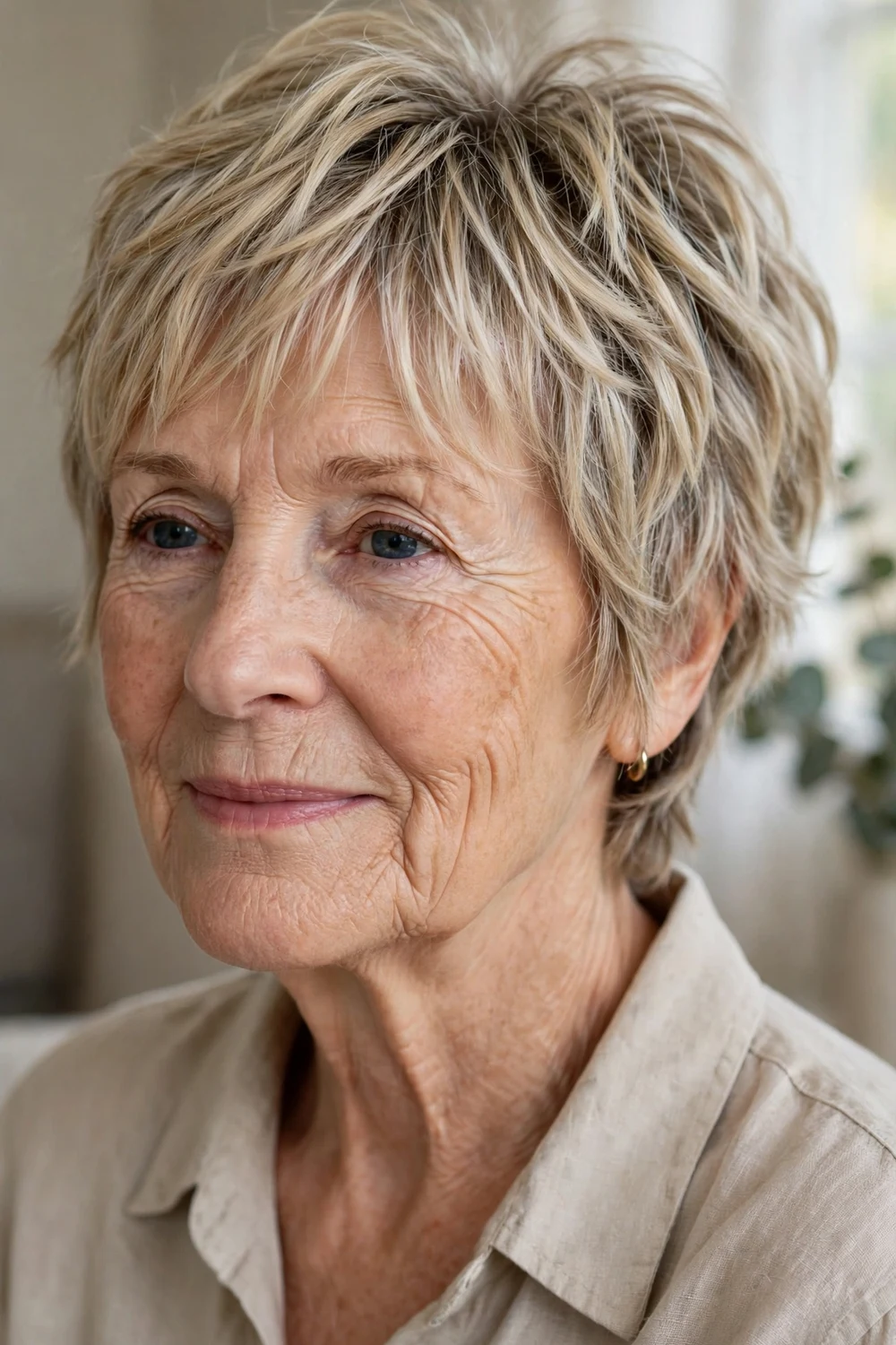 61-year-old Caucasian woman with blonde ear-length choppy pixie-bob and feathered bangs, three-quarter view