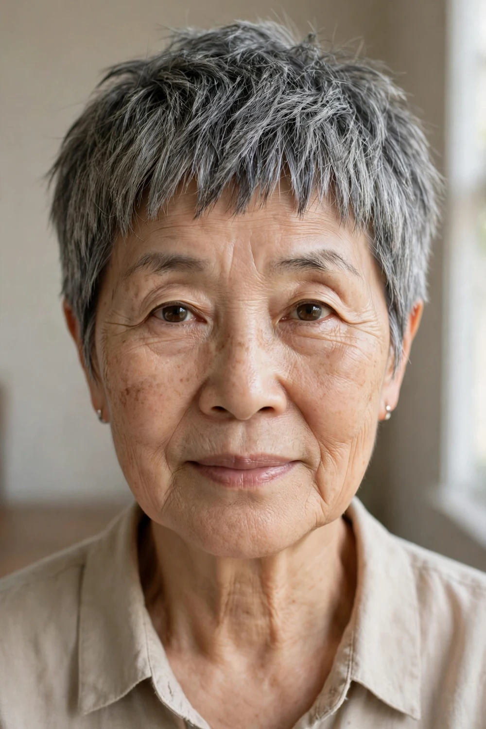 68-year-old East Asian woman with gray choppy pixie and short cropped bangs, front view