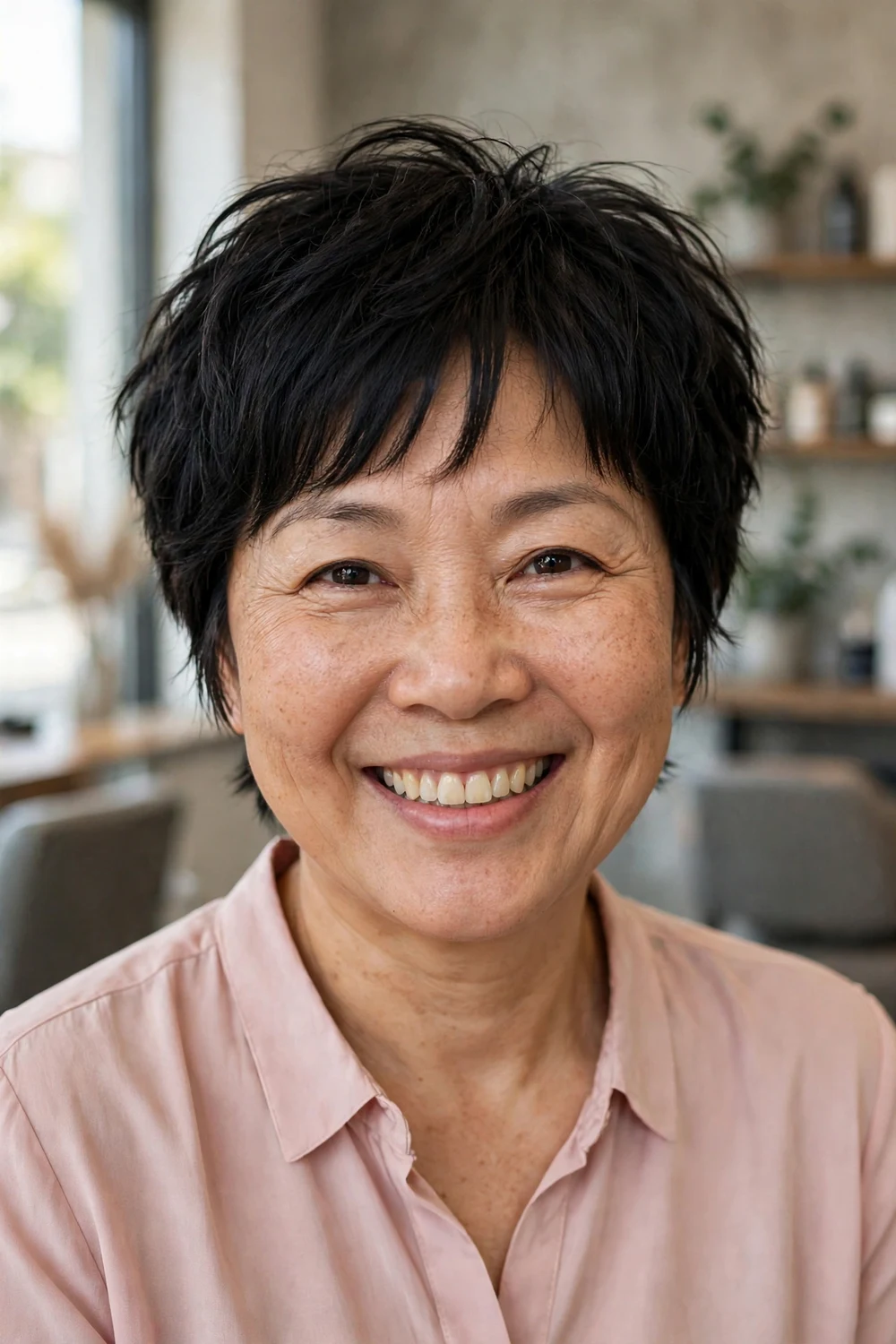 Woman over 50 with choppy pixie and curtain bangs in black