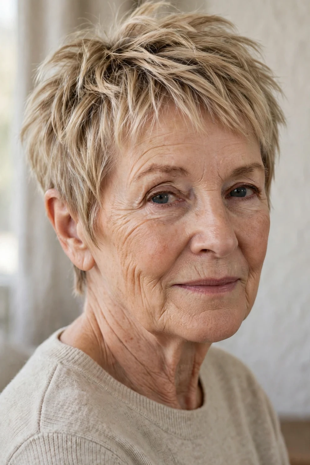 63-year-old Caucasian woman with sandy blonde feathered choppy pixie, three-quarter view