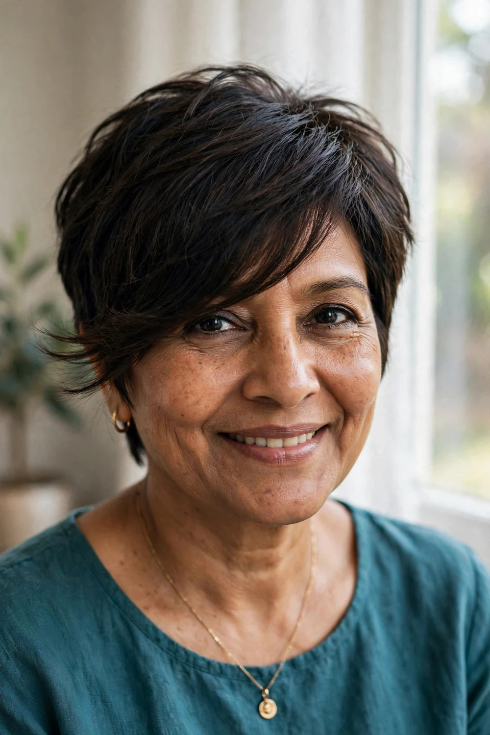 Woman over 50 with choppy pixie and long side fringe in dark brown