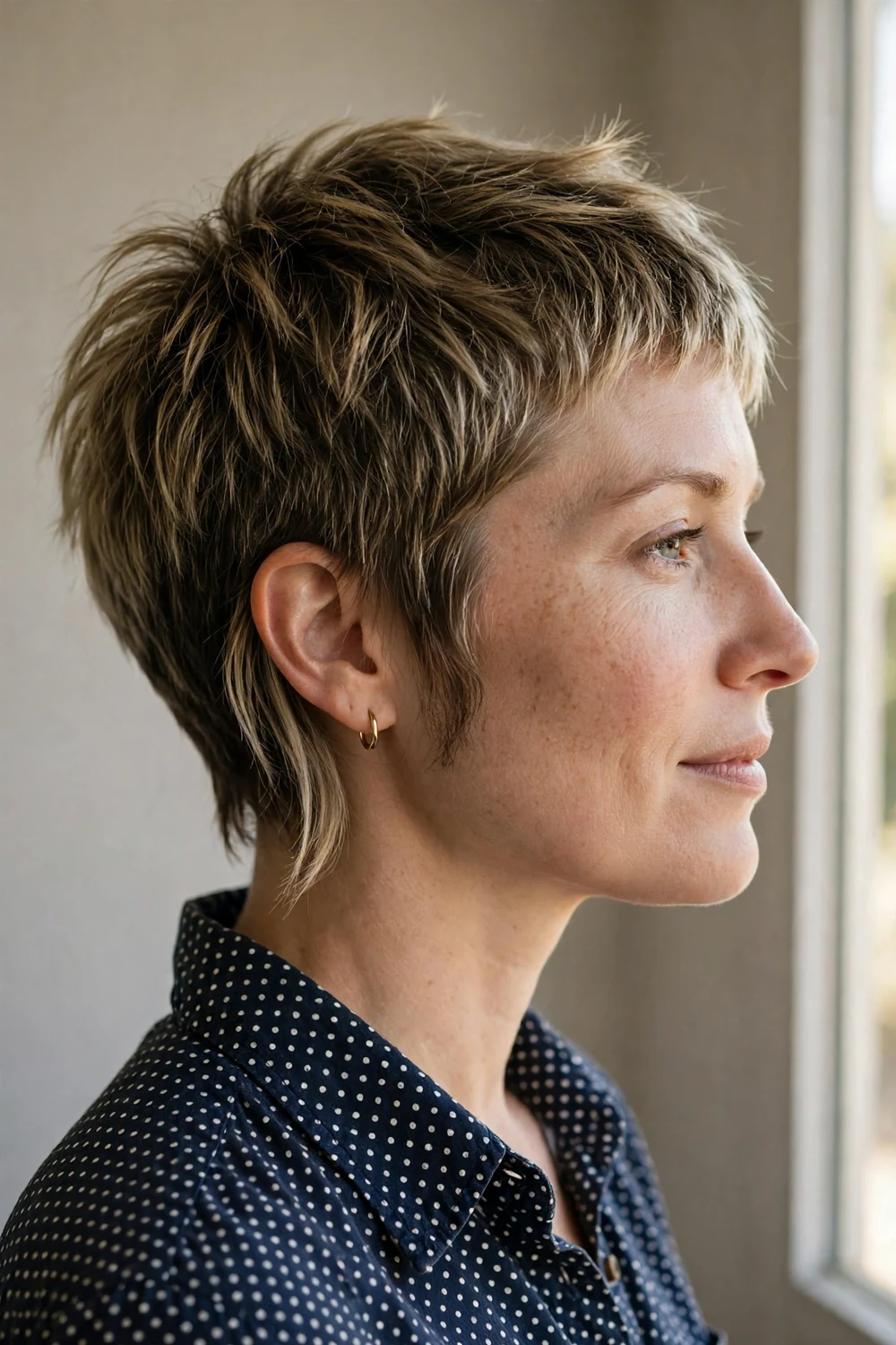 Choppy pixie with long sideburns framing the face in front of the ears