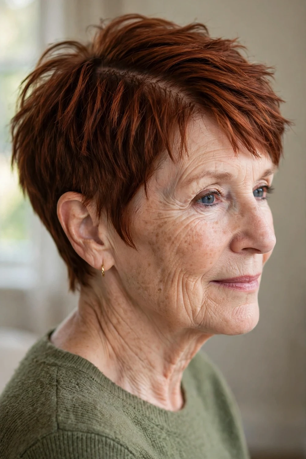 60-year-old Caucasian woman with red choppy pixie and deep side part, side view