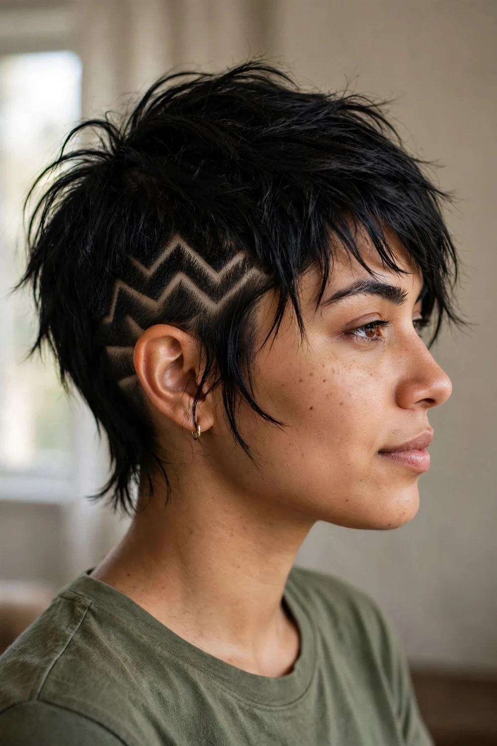 Choppy pixie with an undercut featuring a geometric shaved line design on the side