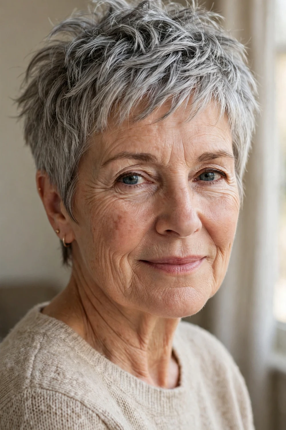62-year-old Caucasian woman with silver-gray choppy pixie cut, three-quarter view