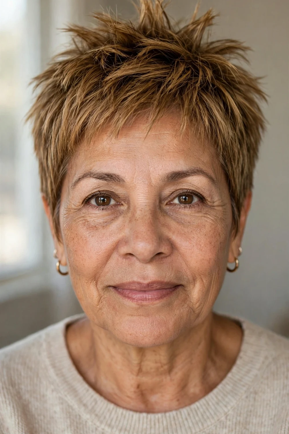 58-year-old Latina woman with golden-brown choppy pixie with spiky crown, front view