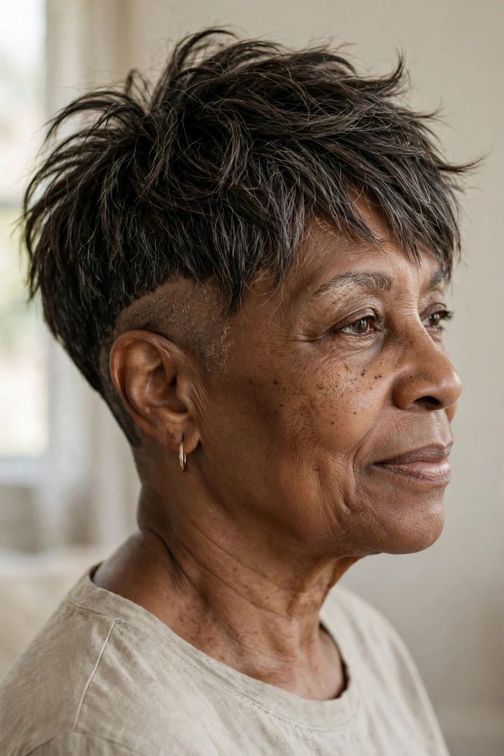 57-year-old Black woman with choppy pixie undercut and textured top, side view