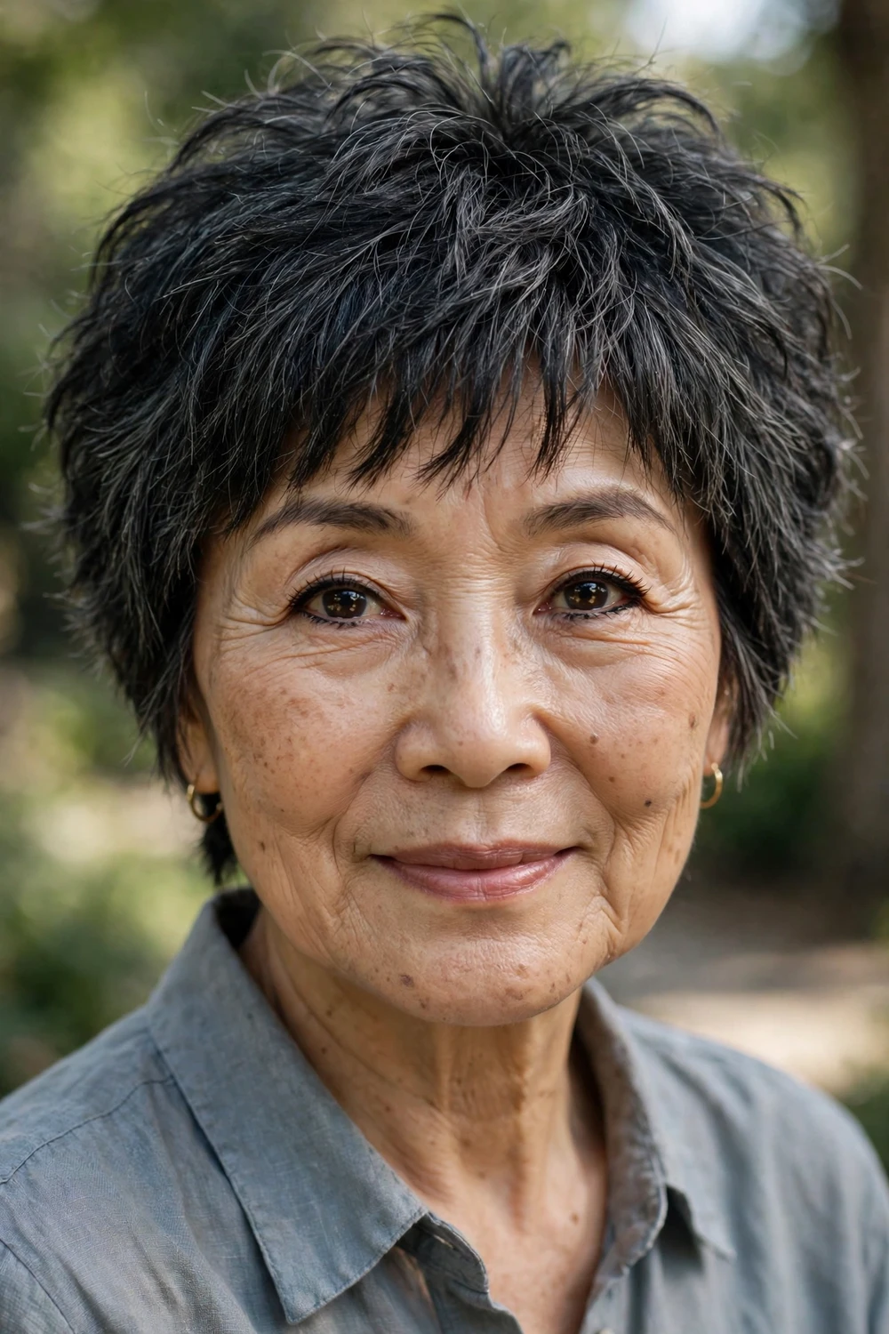Woman in her early 70s with choppy pixie and wispy bangs, front view