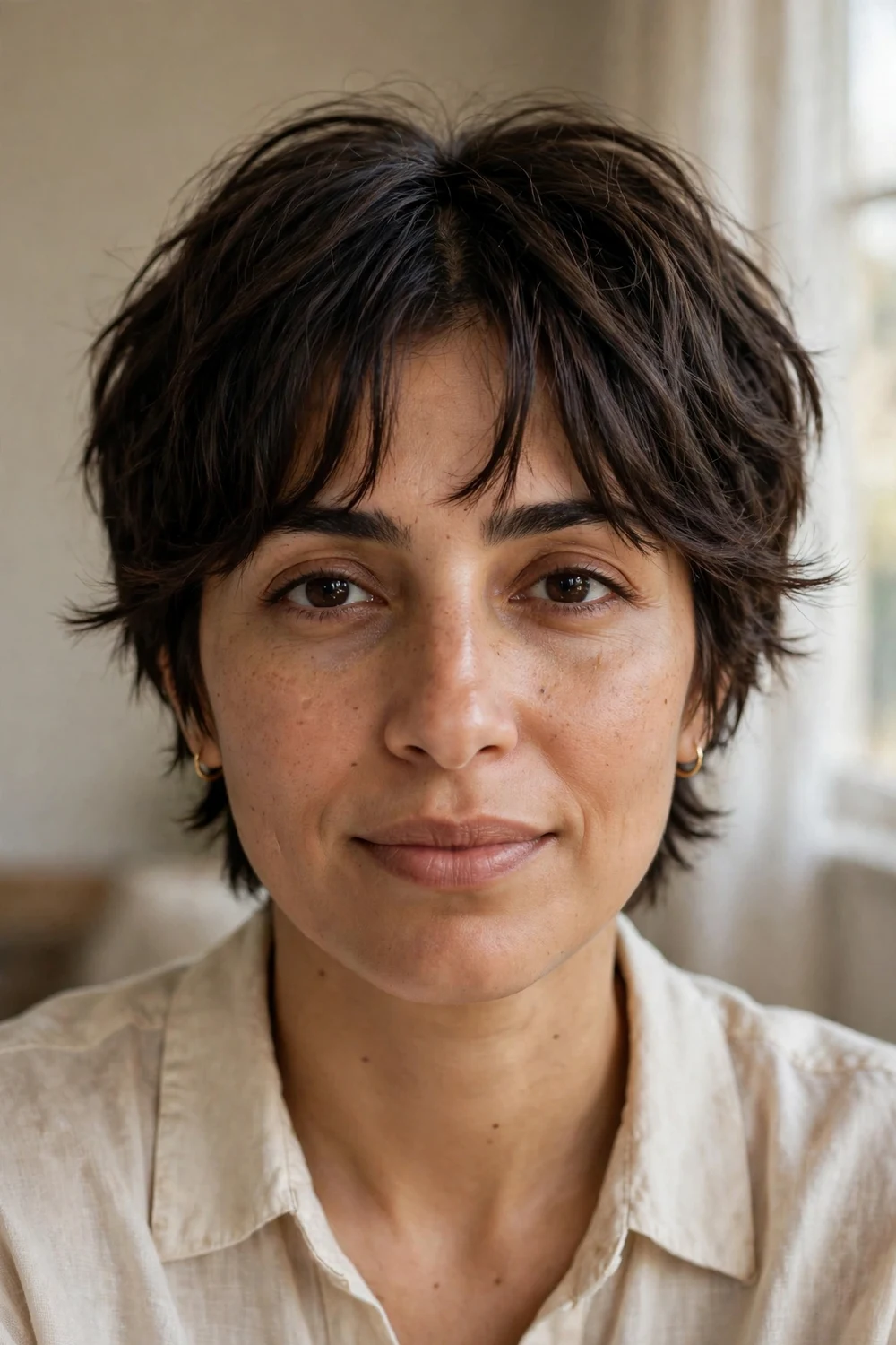 Choppy pixie with soft wispy curtain bangs parting down the middle
