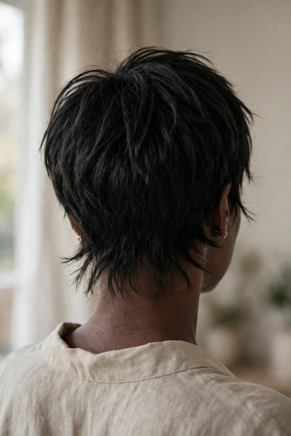 Choppy pixie with softly choppy wispy nape and feathery ends at the neck