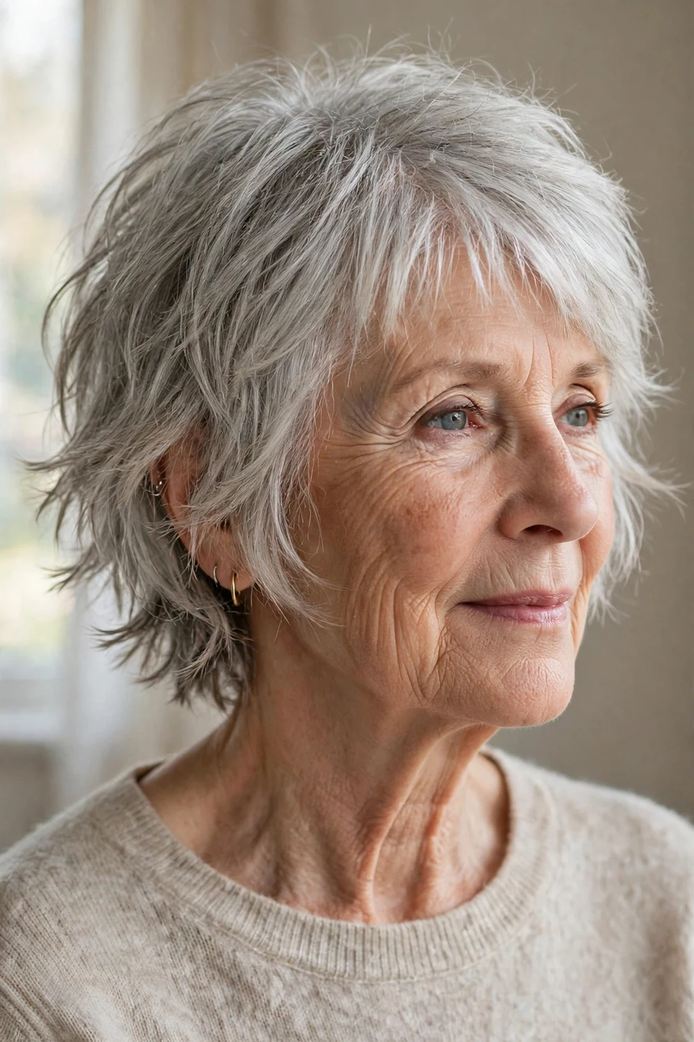 70-year-old Caucasian woman with natural silver choppy razor cut, front view