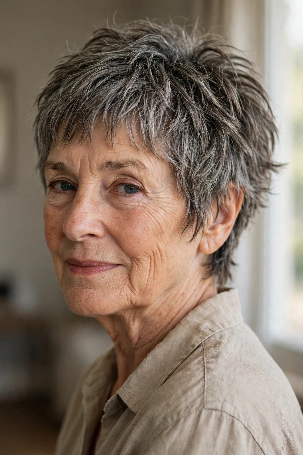 68-year-old Caucasian woman with salt-and-pepper short choppy shag, three-quarter view