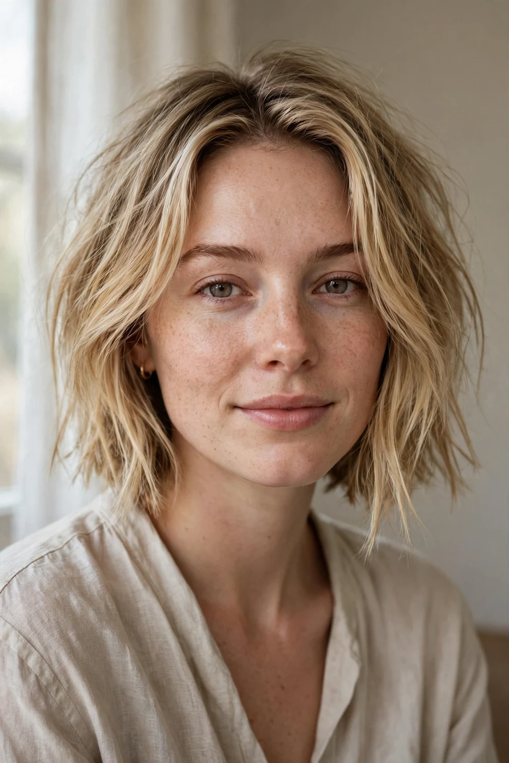 Choppy textured A-line bob with piece-y ends