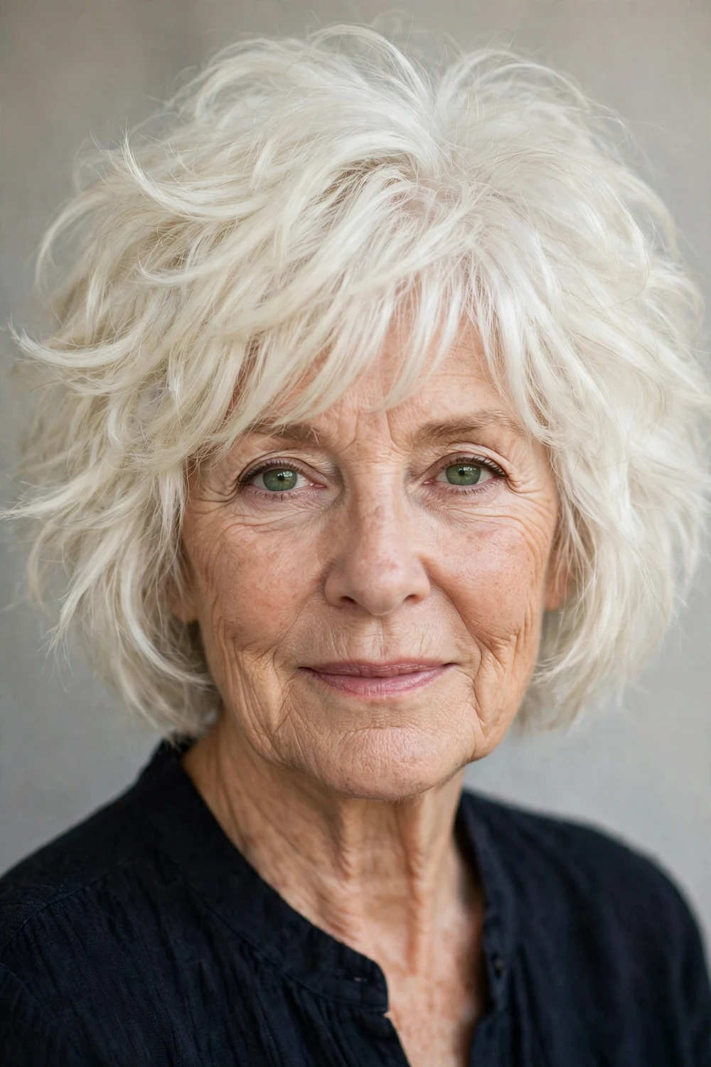 Woman in her 60s with choppy textured platinum bob, front view