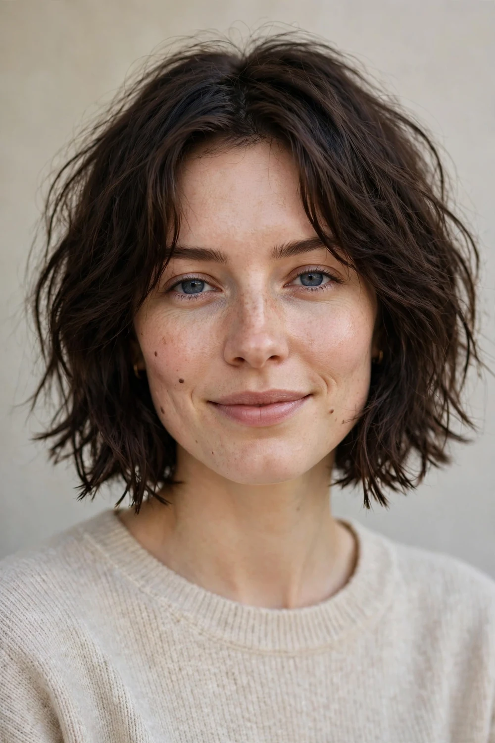 Woman with a choppy textured bob, piecey ends at chin length