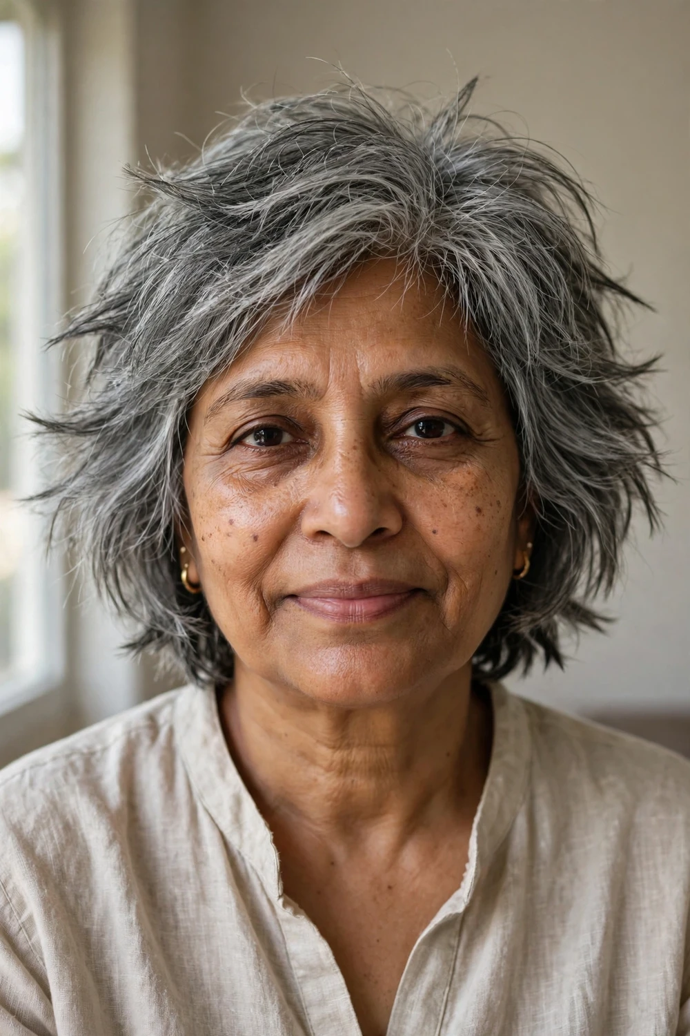 Choppy textured grey bob haircut with uneven ends