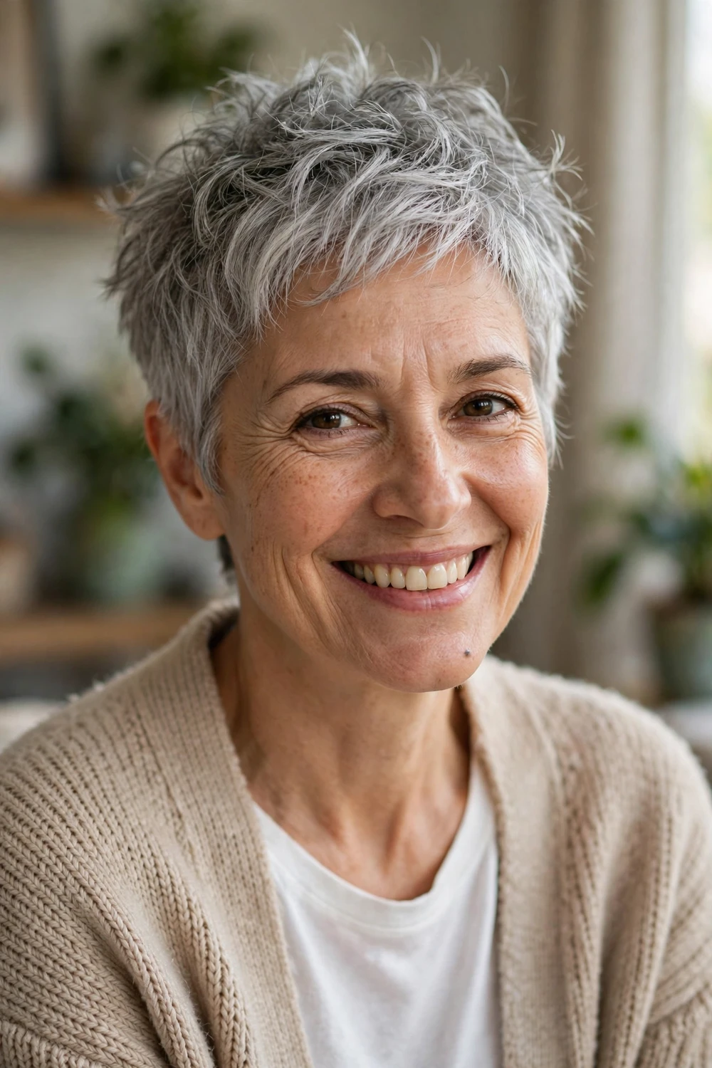 Woman over 50 with a choppy tousled pixie cut on thin silver hair