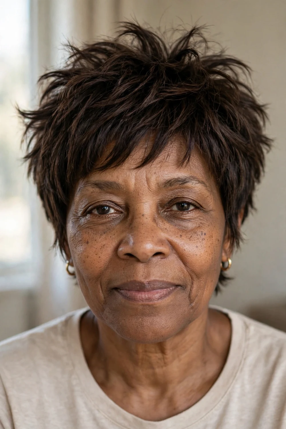 Front view of a choppy volume pixie on a woman in her 50s with thin dark brown hair