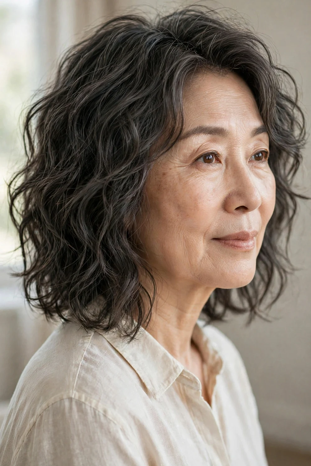 59-year-old East Asian woman with dark ash brown choppy wavy lob, side view