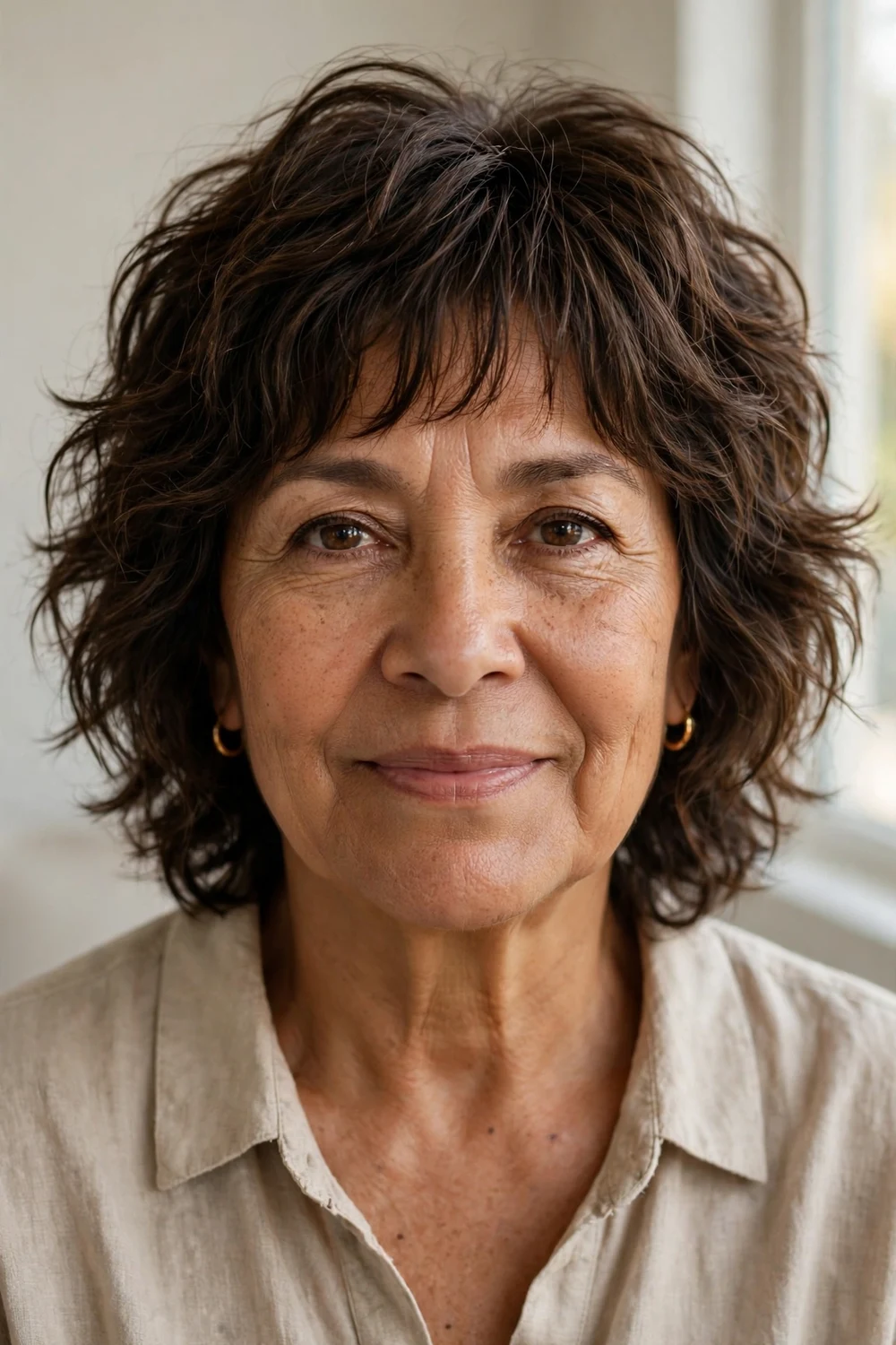 58-year-old Latina woman with brown choppy wavy shag haircut, front view
