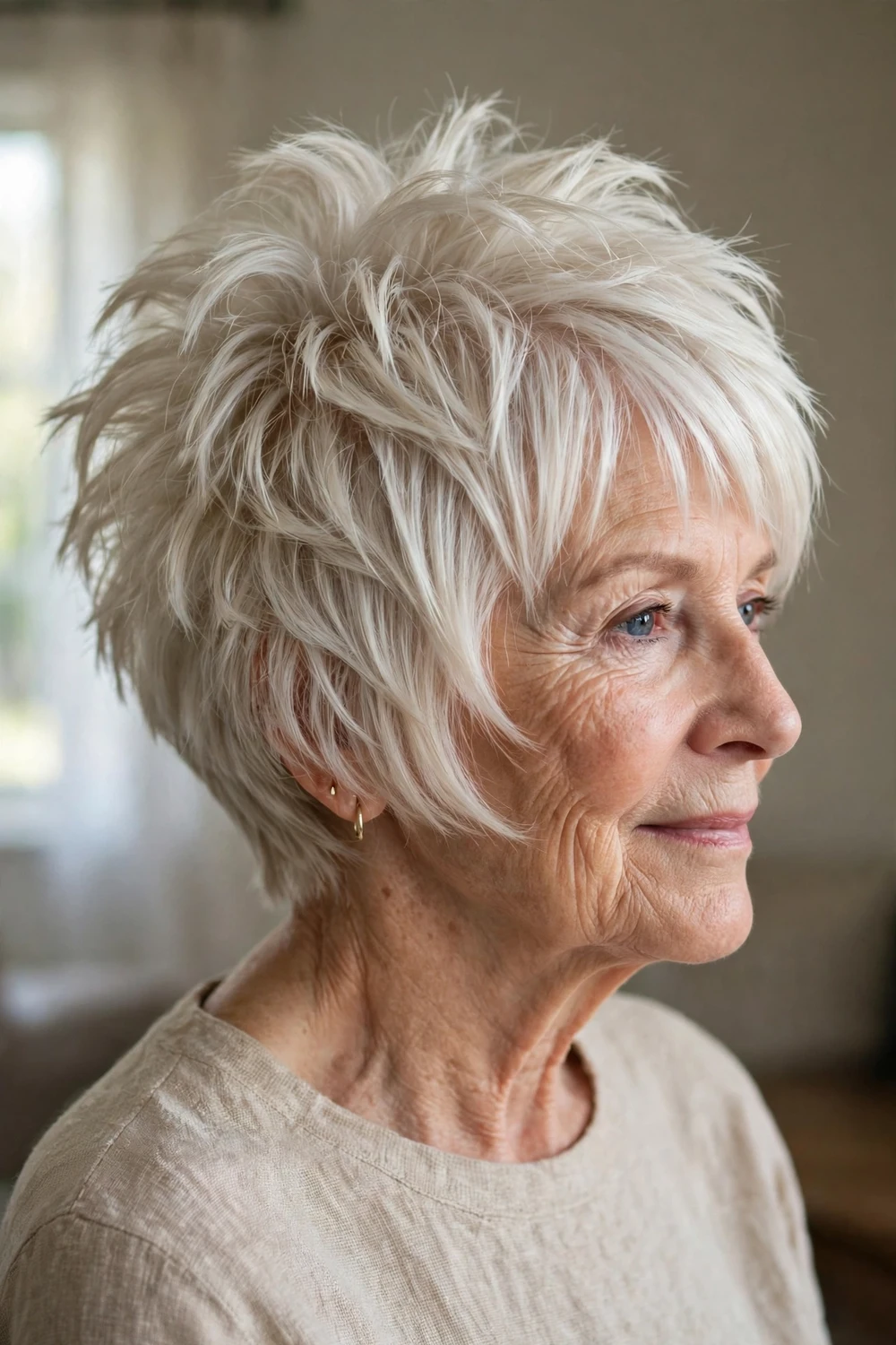 Choppy wedge bob with lifted back and textured ends on a woman over 60