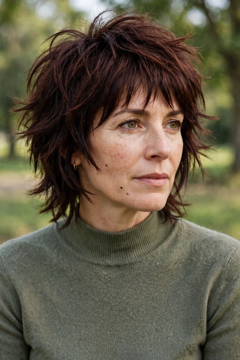 Choppy wolf cut hairstyle with razor-cut layers and edgy textured movement