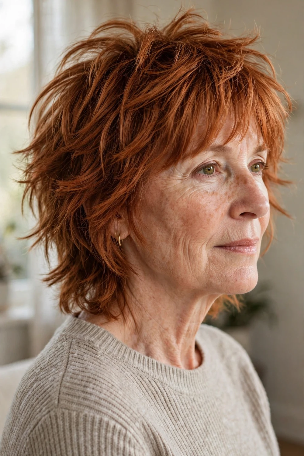 55-year-old Caucasian woman with copper choppy wolf cut, side view
