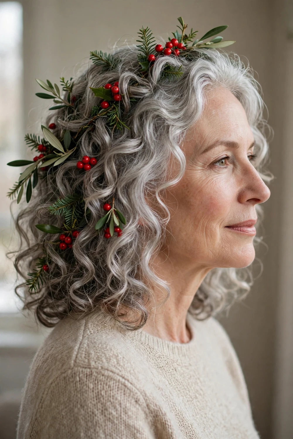 Silver curls with greenery sprigs and red berry picks
