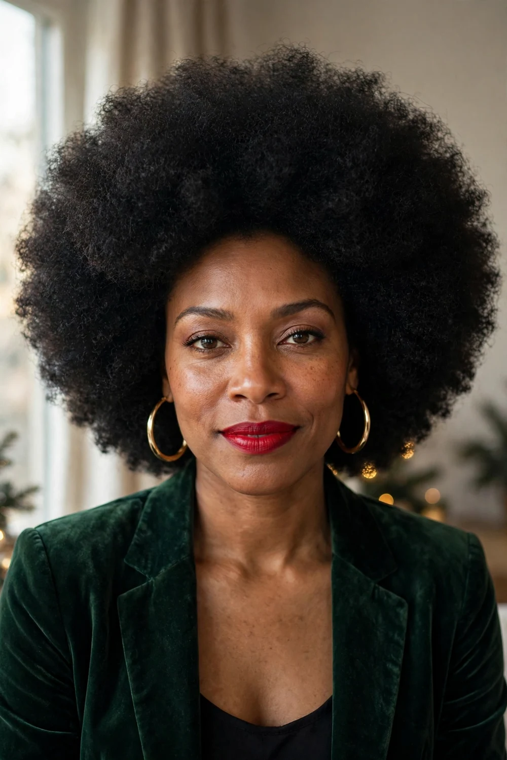 Big round natural afro with gold hoop earrings and red lipstick