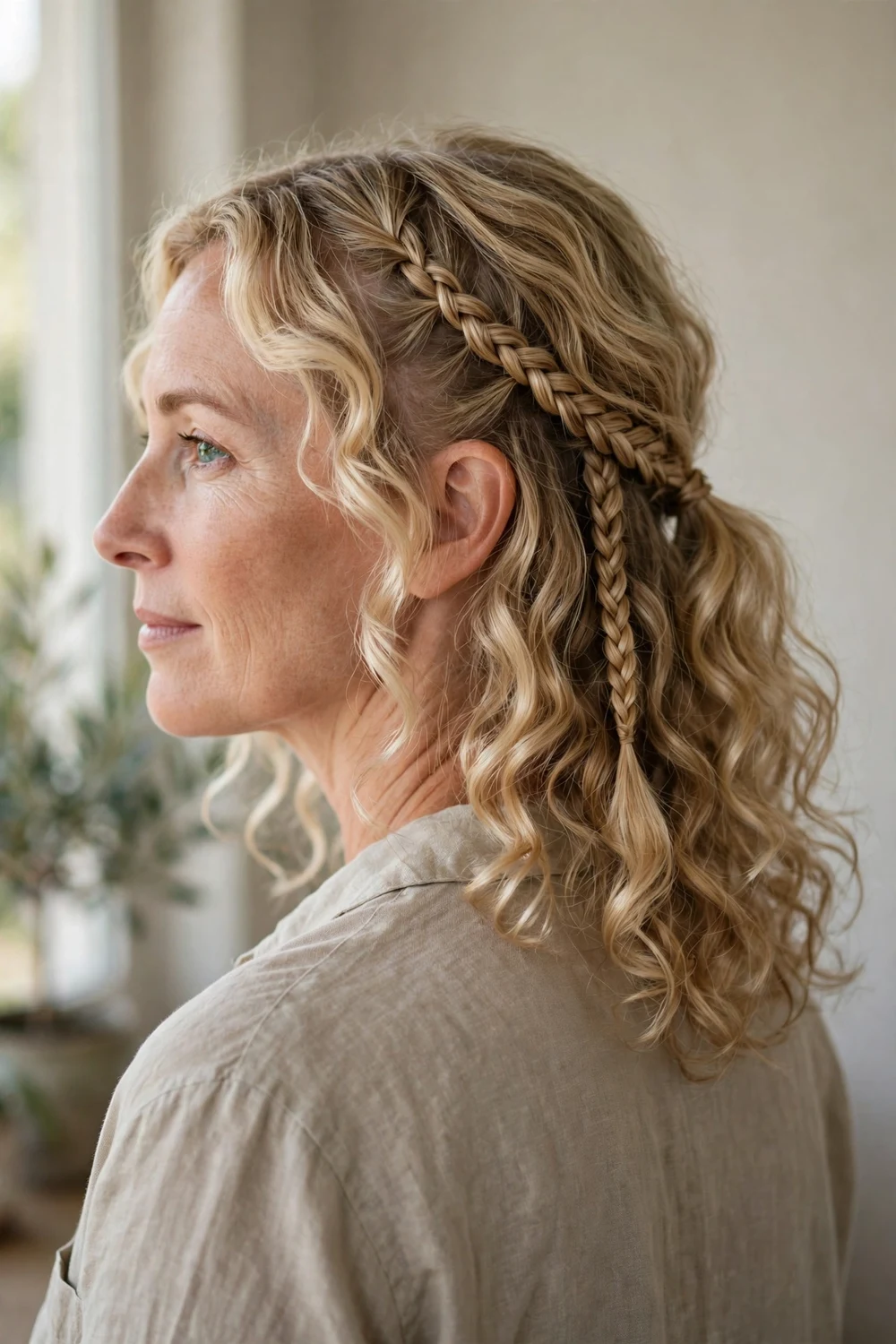Blonde curly hair with two side braids joined at the back