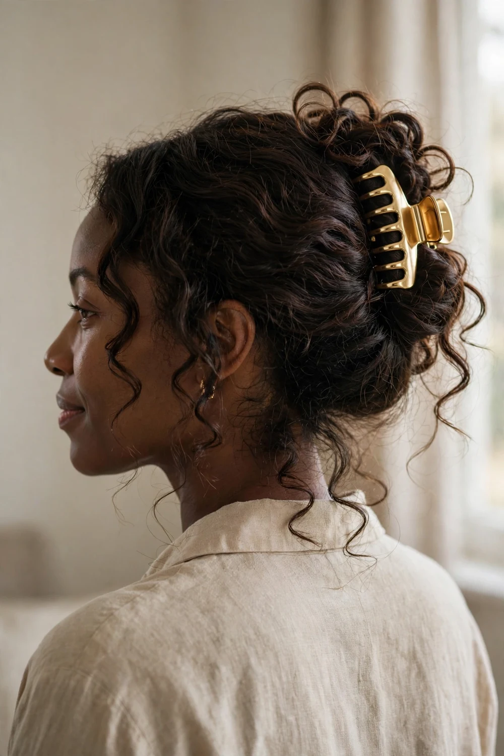 Relaxed curly updo secured with a large gold claw clip
