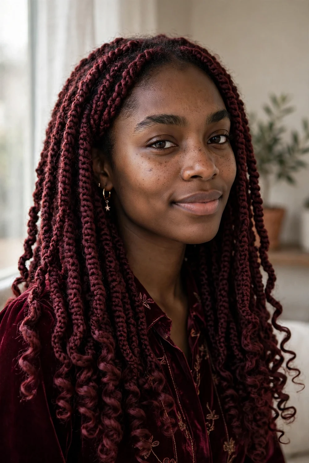 Long burgundy crochet twists with curly ends