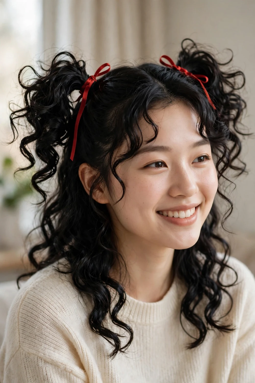 Two high curly pigtails tied with thin red ribbons