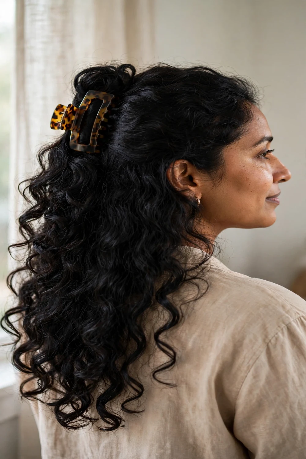 Half-up curly style secured with a large tortoiseshell claw clip