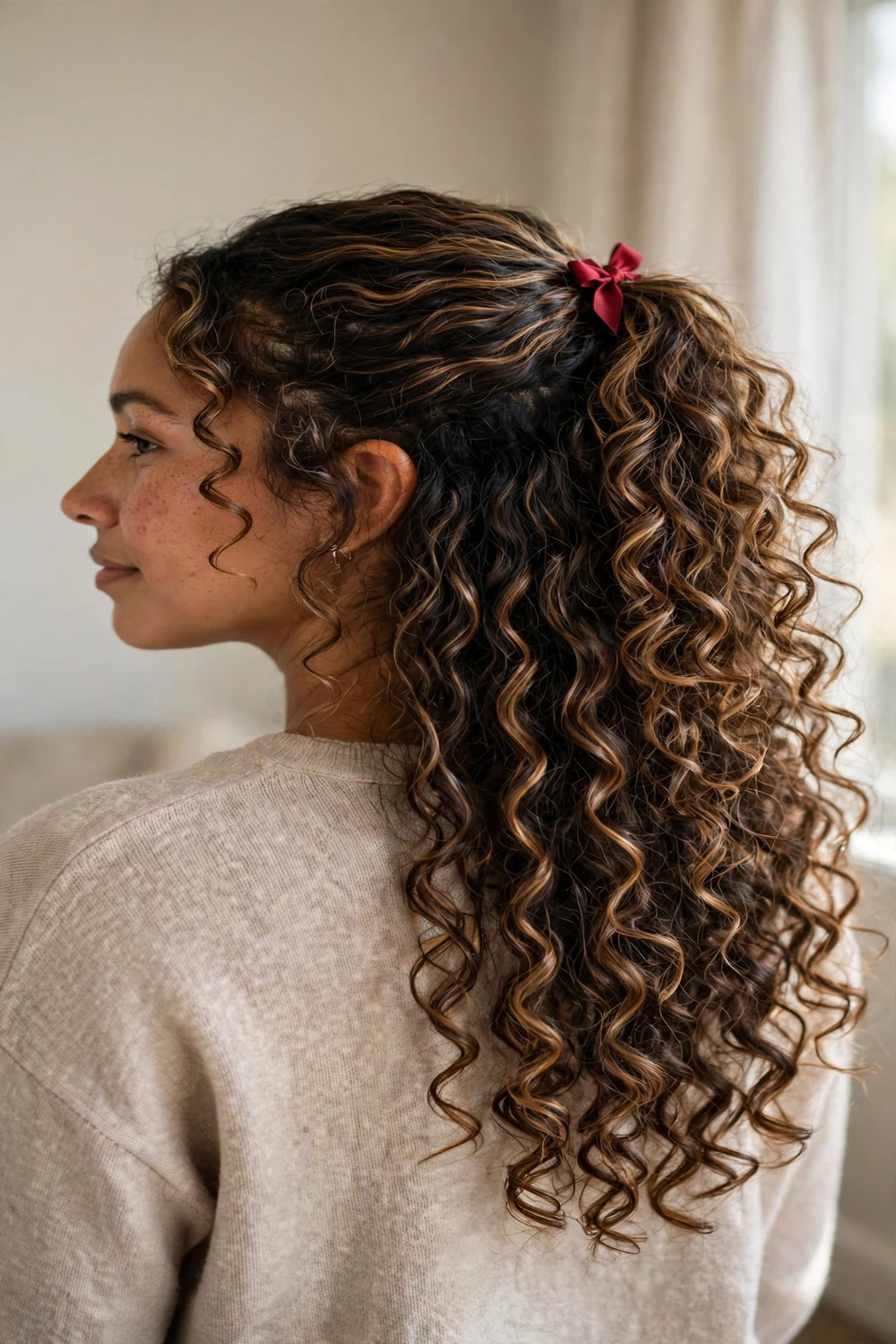 Half-up style with a red bow and cascading highlighted curls