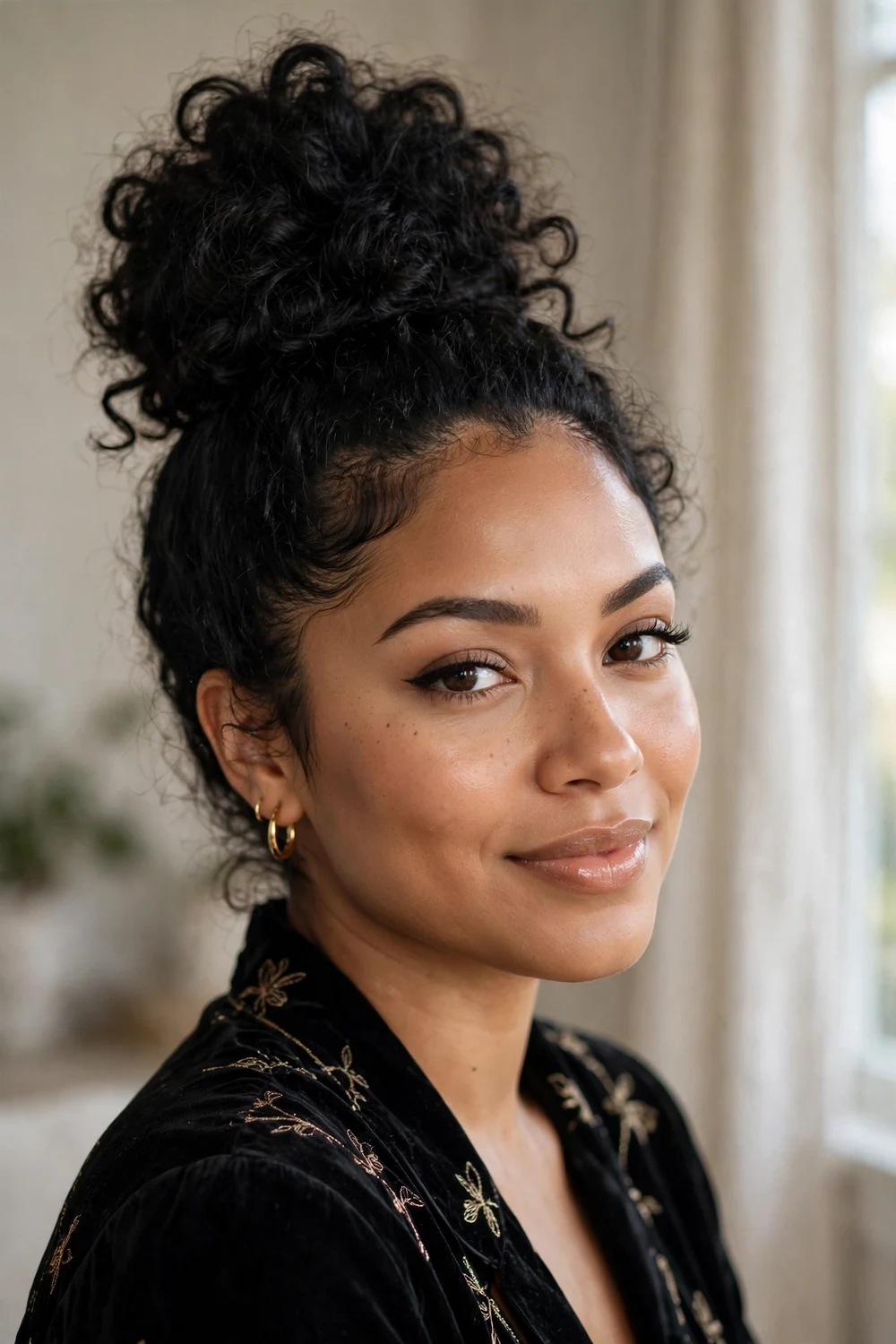 High voluminous curly bun on top of the head