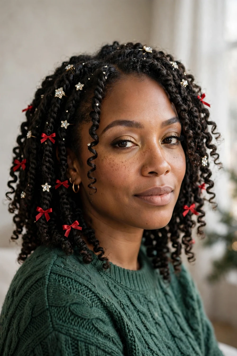Defined twist-out curls decorated with crystal pins and red mini bows