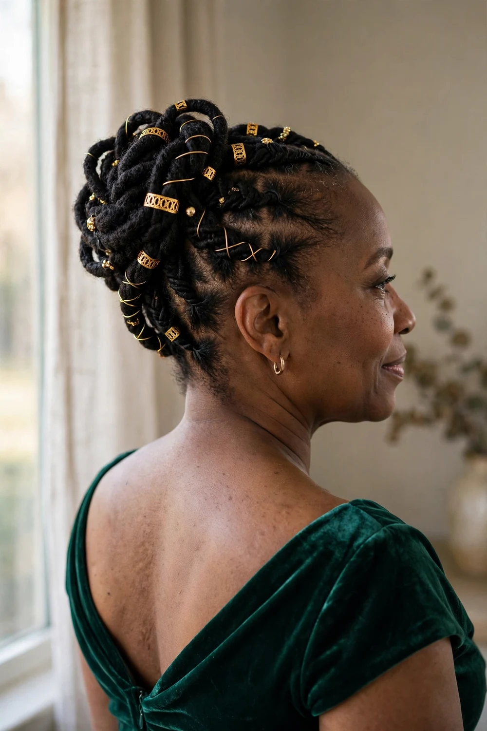 Braided locs updo with gold hair cuffs