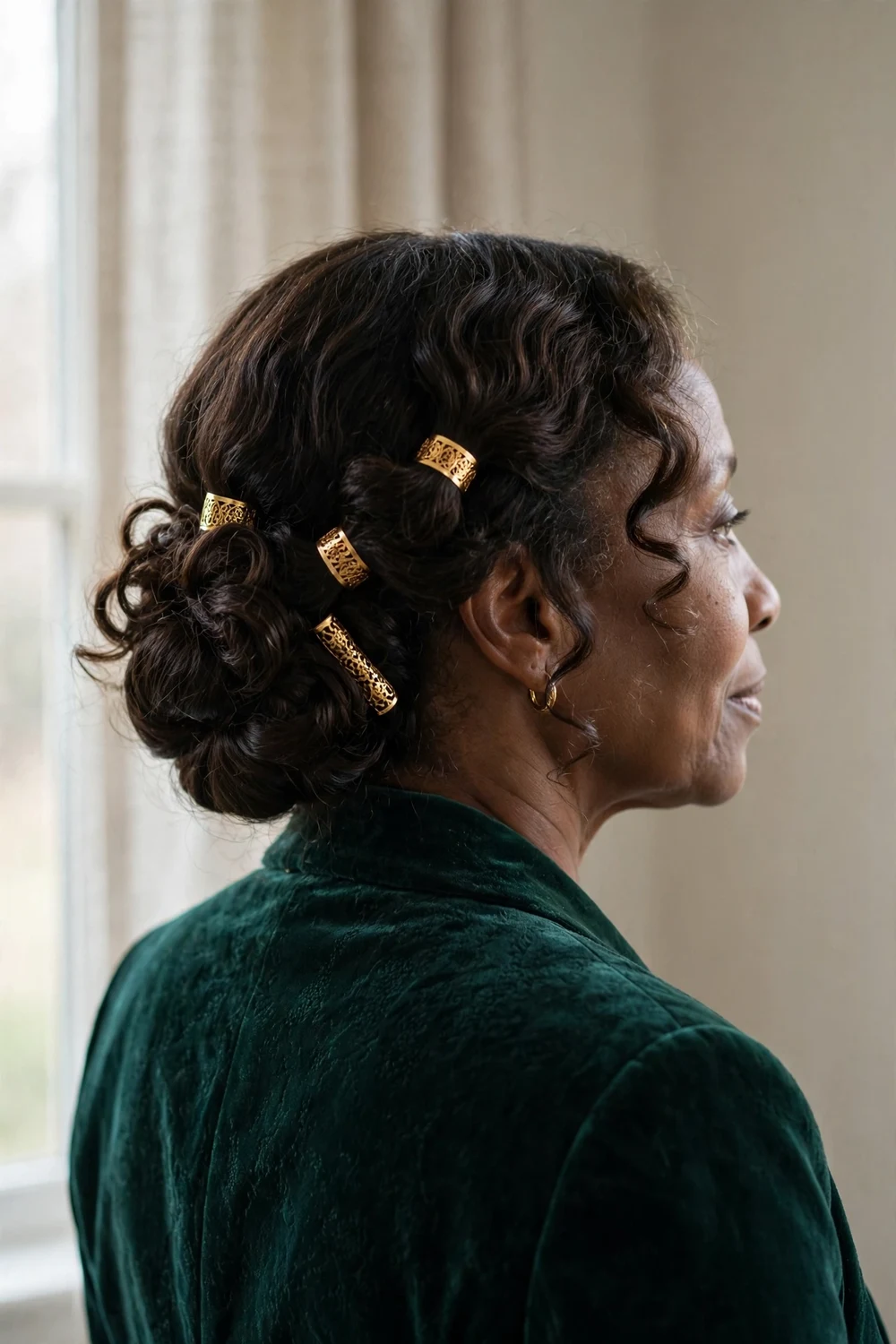 Low curly chignon at the nape with gold decorative hair cuffs