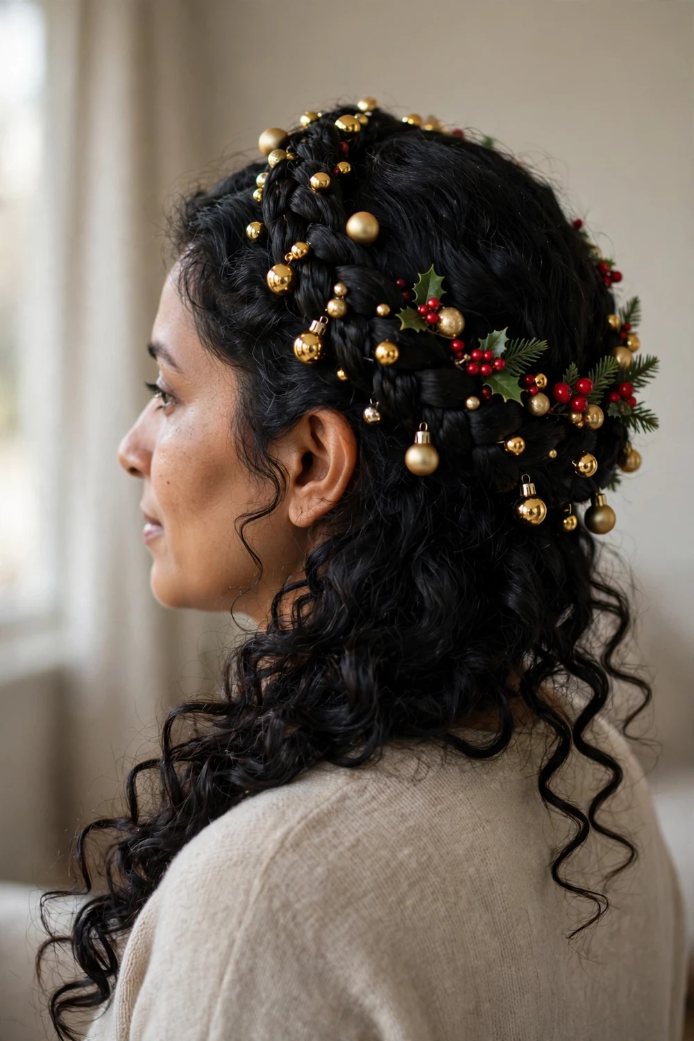 Braided crown decorated with tiny gold Christmas baubles and red berries