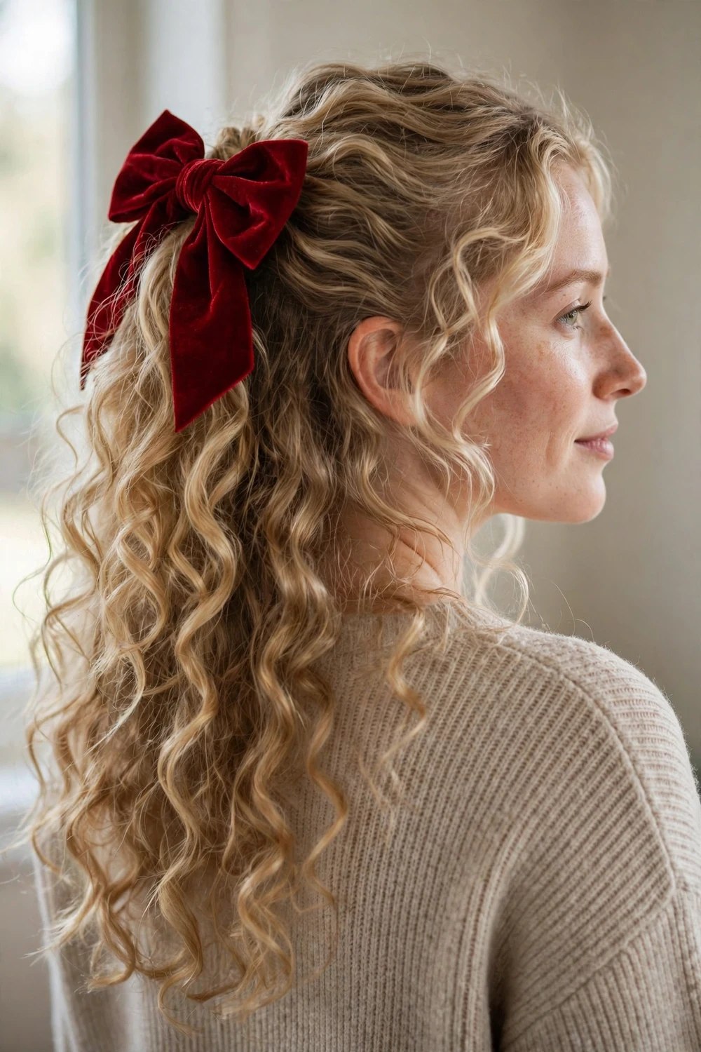 Half-up blonde curls tied with a large red velvet bow