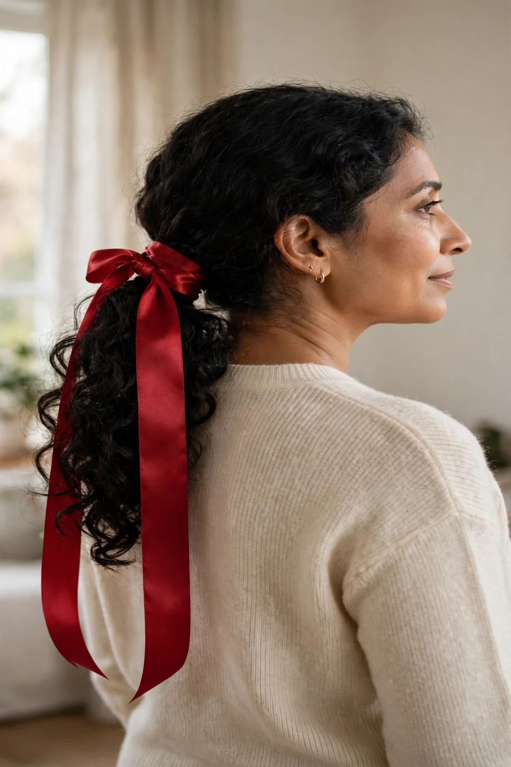 Low curly ponytail with a red satin ribbon wrapped around the base