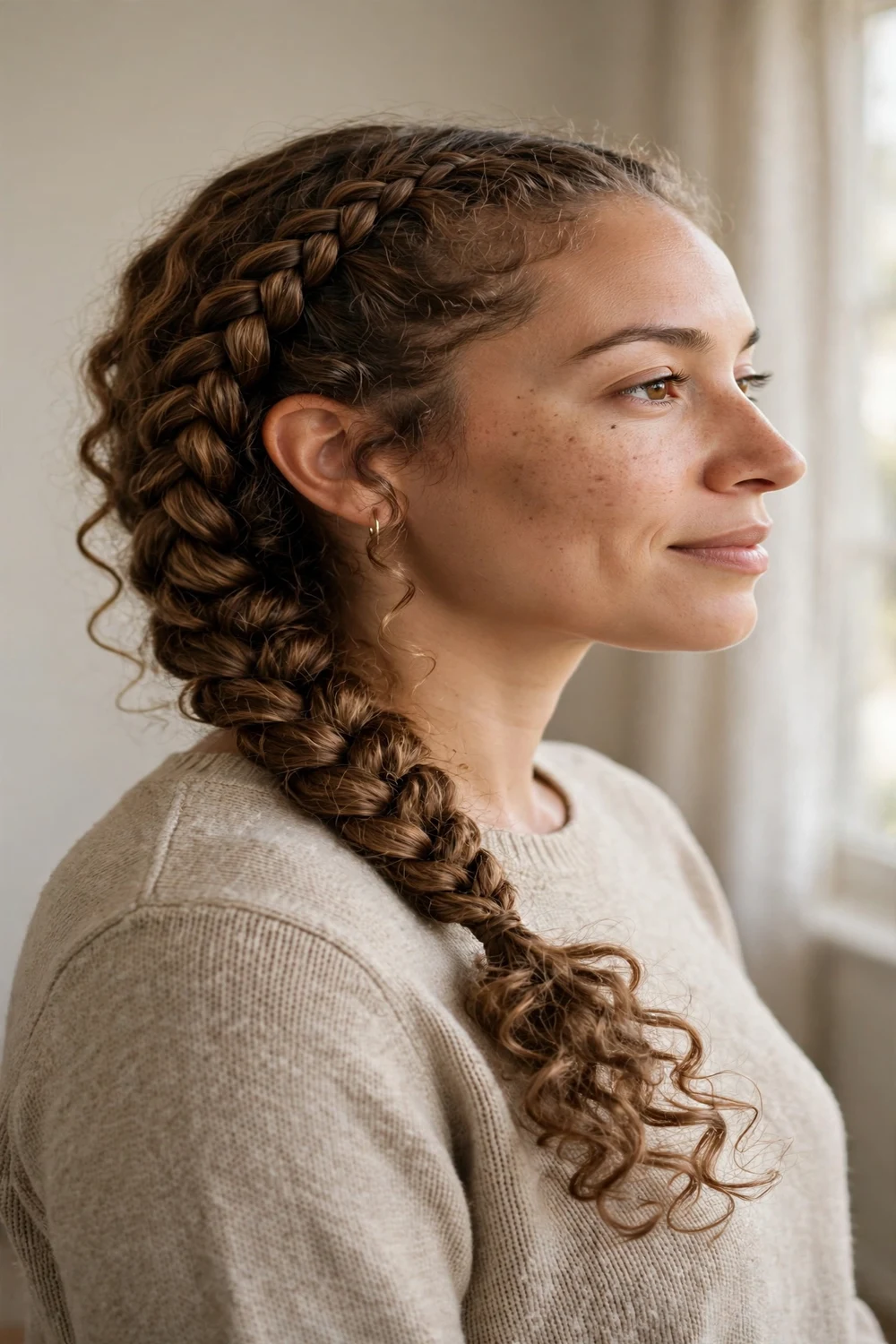 Side French braid swept over the shoulder with curly ends