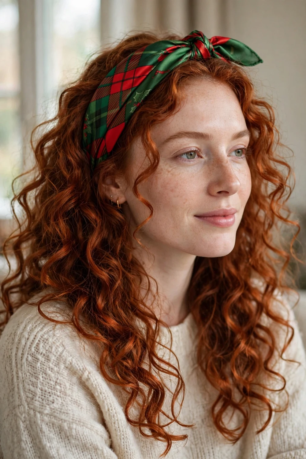 Red curly hair with a green and red silk scarf headband