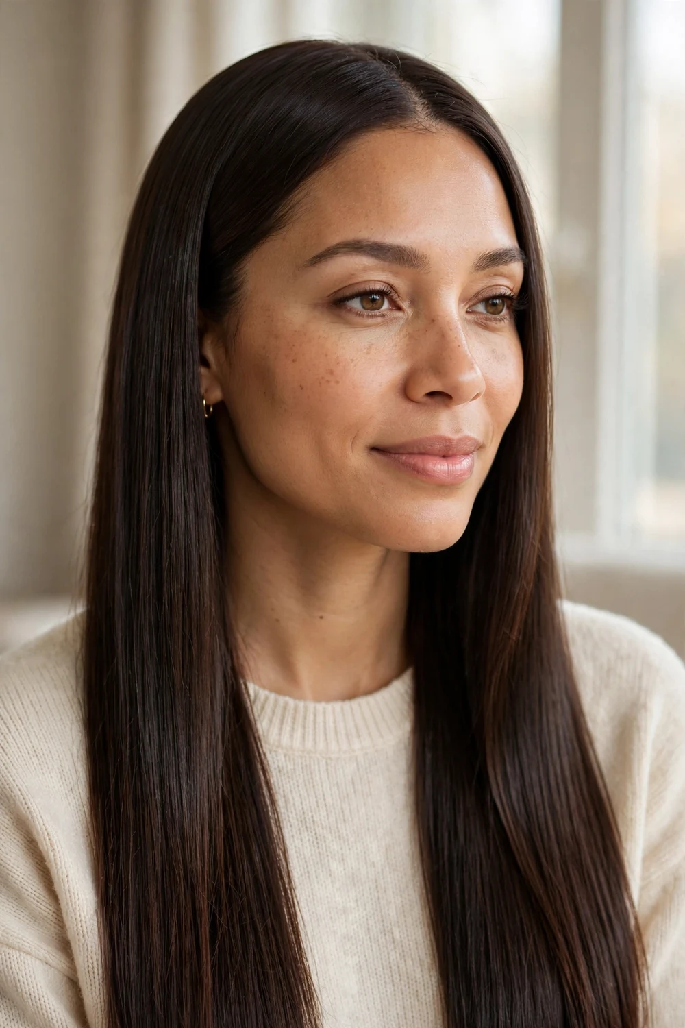 Glossy straightened hair with a middle part