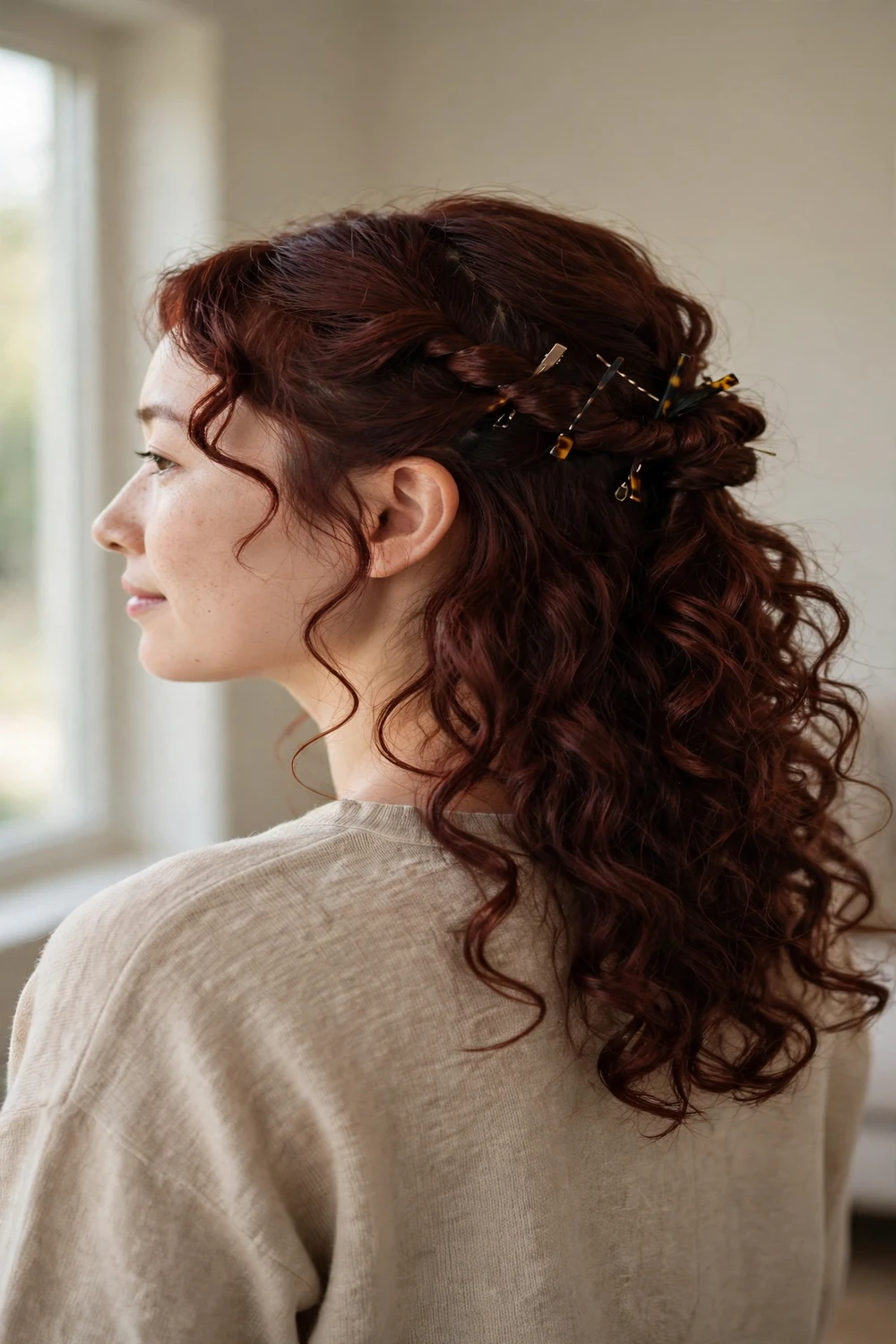 Auburn curly hair with front sections twisted and pinned at the back