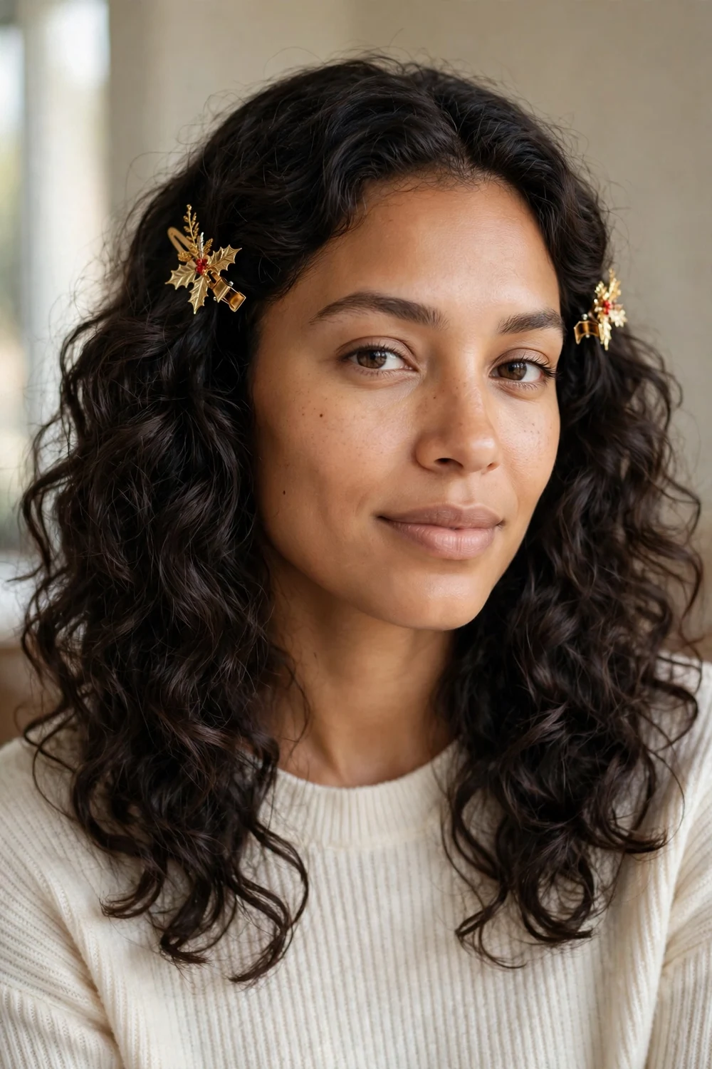 Two gold holly Christmas clips pinning back both sides of dark curly hair