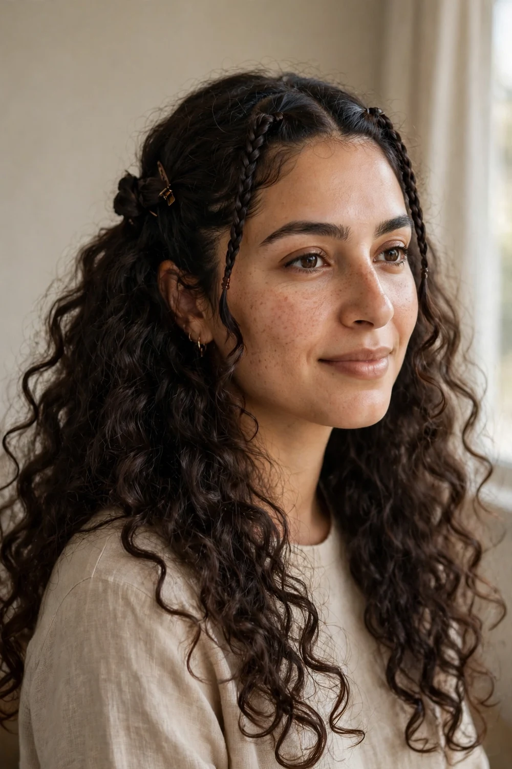 Two small braids framing the face with loose dark curls