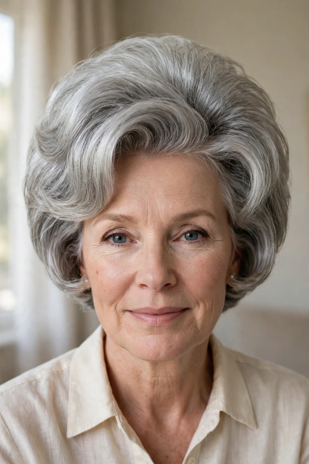 Silver-grey short hair with voluminous teased 60s-inspired crown