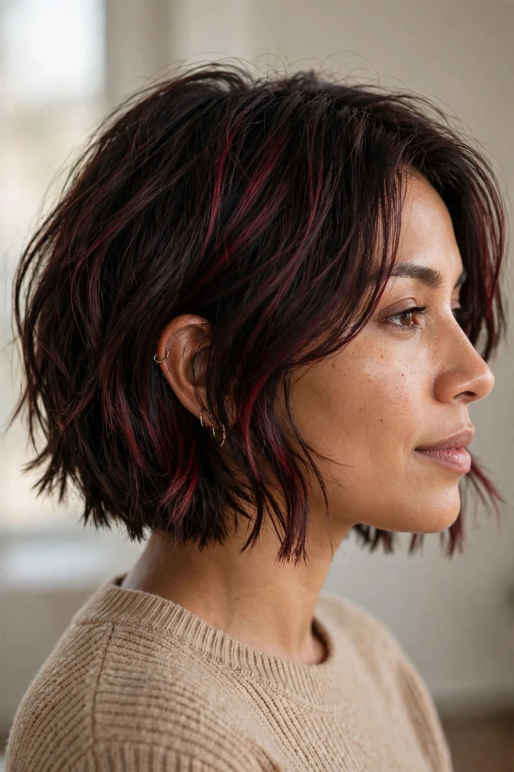 Dark brown choppy bob with burgundy red highlights